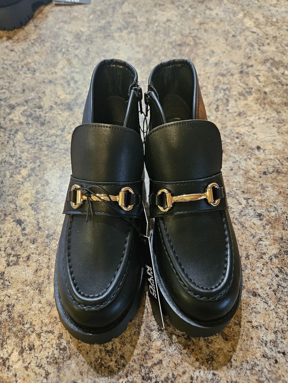 Black Women's Ankle Loafer Boots with Gold Accent, Size 8